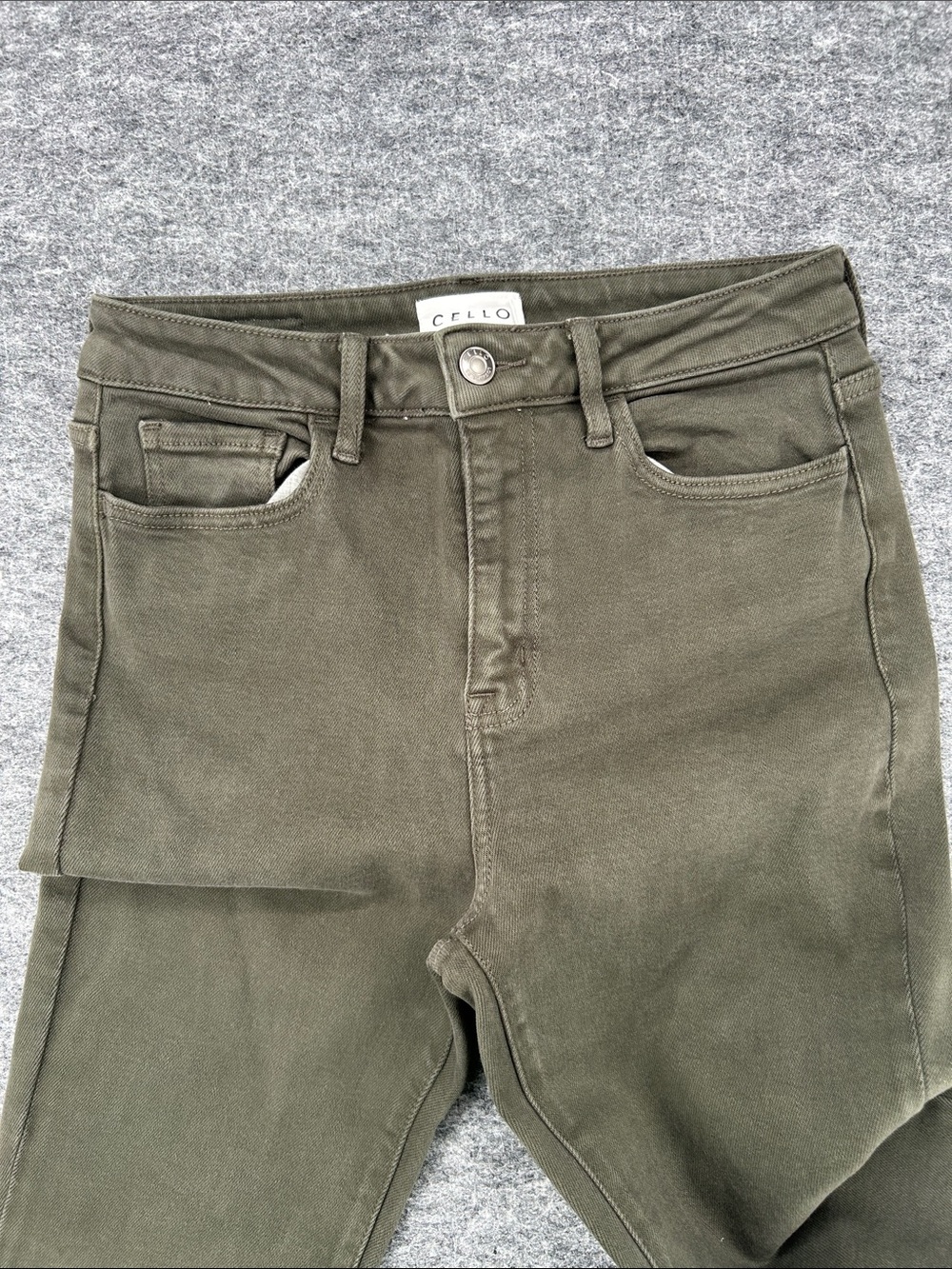 Cello Olive Green Denim Waistband Detail High Rise Flare Stretch Jean Size 7 - Picture 7 of 15